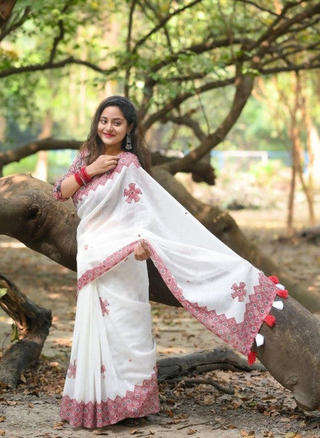 Generic Women's Linen Floral Printed Saree With Unstitched Blouse - 5.5 Mtr (White-Red)