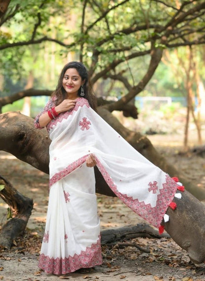 Generic Women's Linen Floral Printed Saree With Unstitched Blouse - 5.5 Mtr (White-Red)
