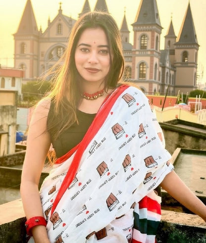 Generic Women's Linen Printed Saree With Unstitched Blouse - 5.5 Mtr (White-Red)