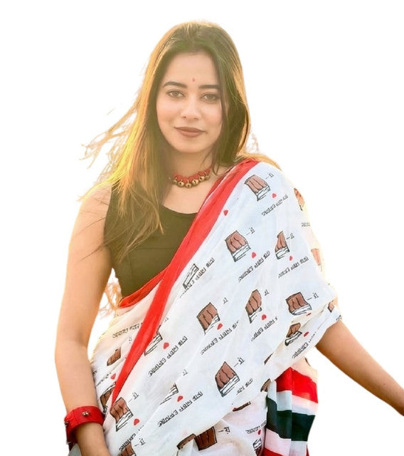 Generic Women's Linen Printed Saree With Unstitched Blouse - 5.5 Mtr (White-Red)