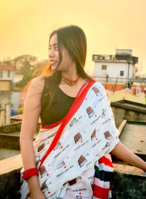 Generic Women's Linen Printed Saree With Unstitched Blouse - 5.5 Mtr (White-Red)
