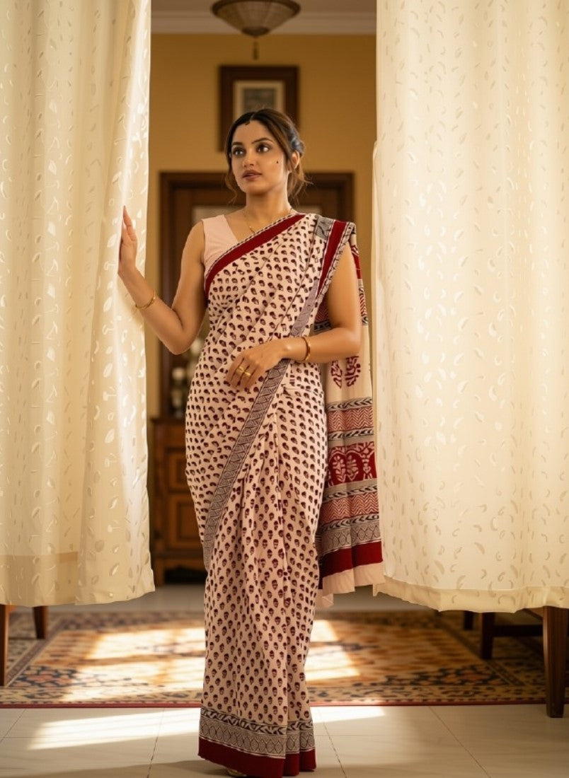 Generic Women's Linen Printed Saree With Unstitched Blouse - 5.5 Mtr (Off White)