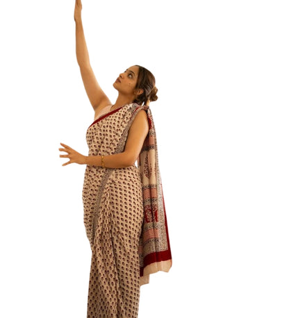 Generic Women's Linen Printed Saree With Unstitched Blouse - 5.5 Mtr (Off White)