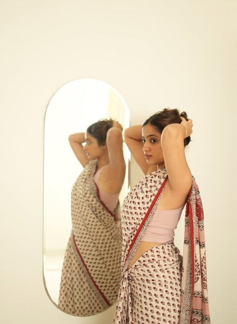 Generic Women's Linen Printed Saree With Unstitched Blouse - 5.5 Mtr (Off White)