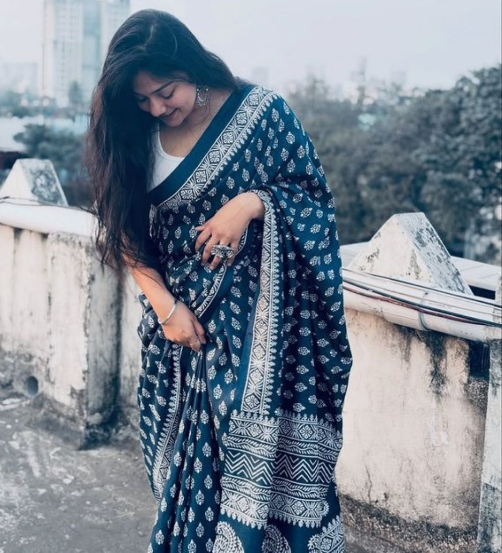 Generic Women's Linen Printed Saree With Unstitched Blouse - 5.5 Mtr (Navy Blue)