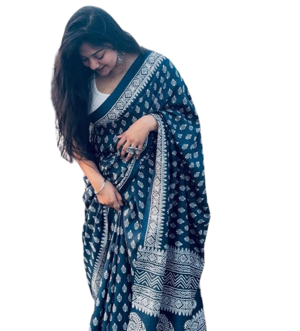 Generic Women's Linen Printed Saree With Unstitched Blouse - 5.5 Mtr (Navy Blue)