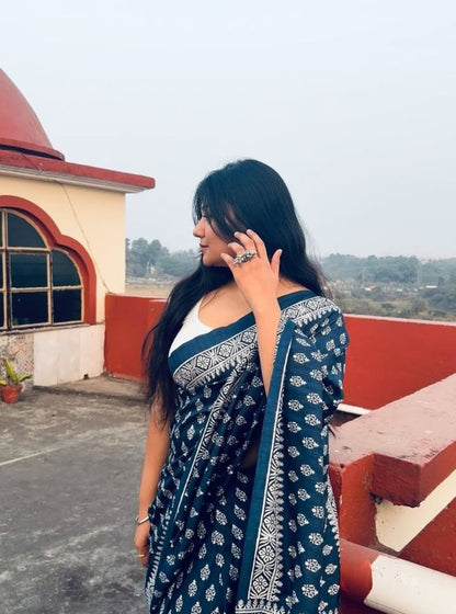 Generic Women's Linen Printed Saree With Unstitched Blouse - 5.5 Mtr (Navy Blue)