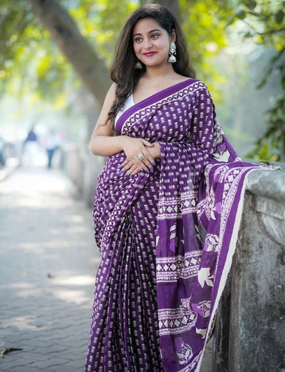 Generic Women's Linen Printed Saree With Unstitched Blouse - 5.5 Mtr (Purple)