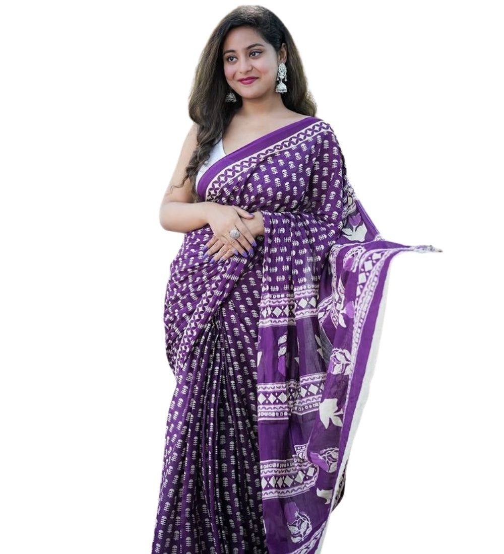 Generic Women's Linen Printed Saree With Unstitched Blouse - 5.5 Mtr (Purple)