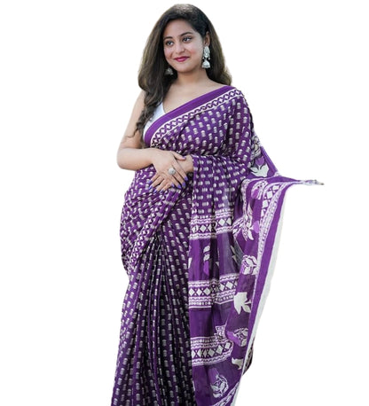 Generic Women's Linen Printed Saree With Unstitched Blouse - 5.5 Mtr (Purple)