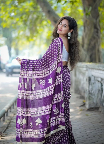 Generic Women's Linen Printed Saree With Unstitched Blouse - 5.5 Mtr (Purple)