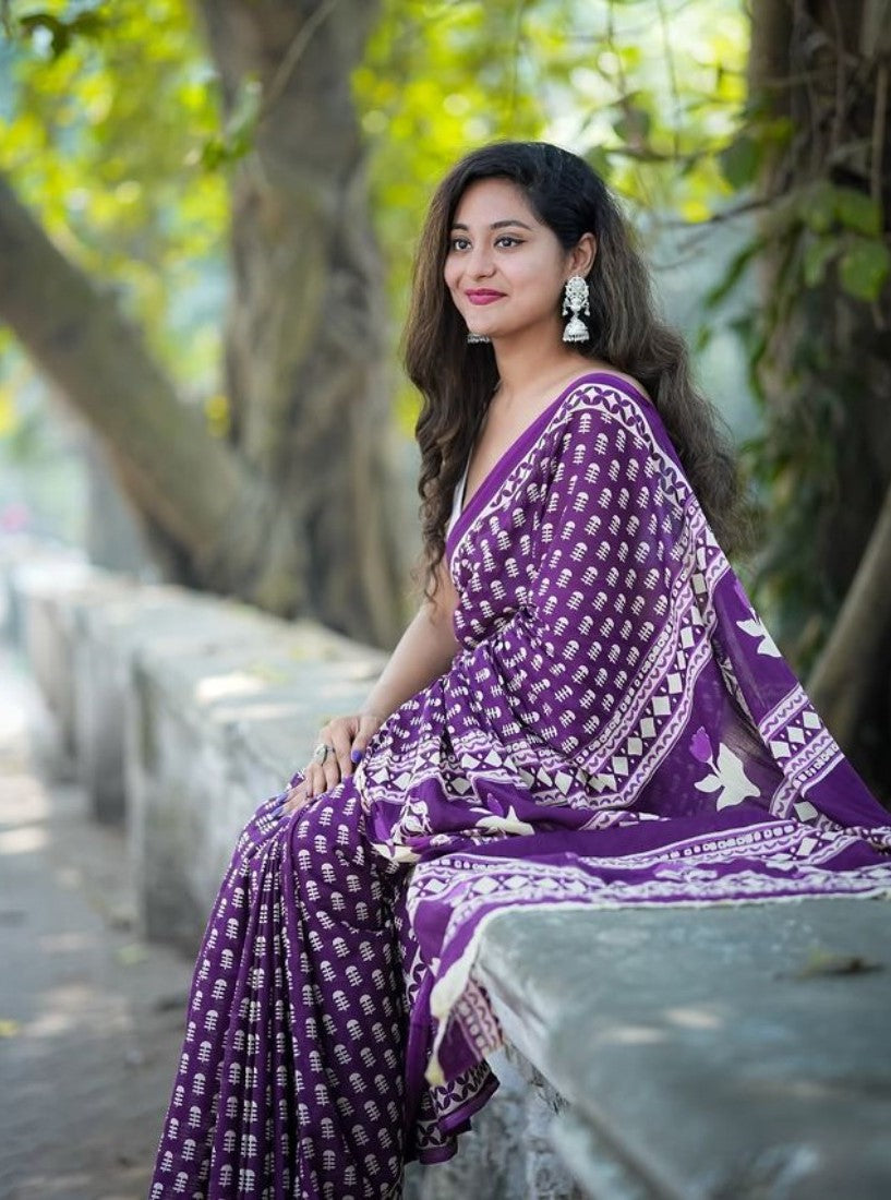 Generic Women's Linen Printed Saree With Unstitched Blouse - 5.5 Mtr (Purple)