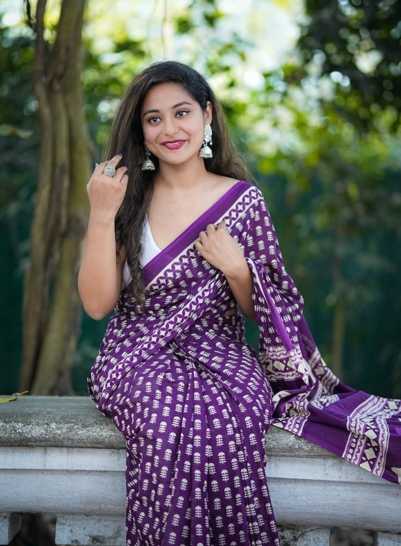 Generic Women's Linen Printed Saree With Unstitched Blouse - 5.5 Mtr (Purple)