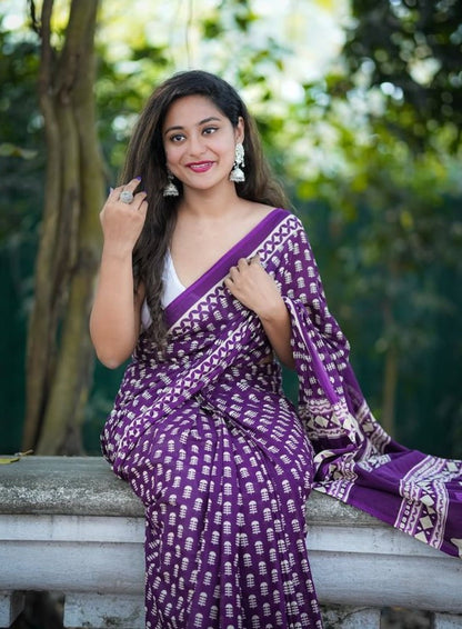 Generic Women's Linen Printed Saree With Unstitched Blouse - 5.5 Mtr (Purple)