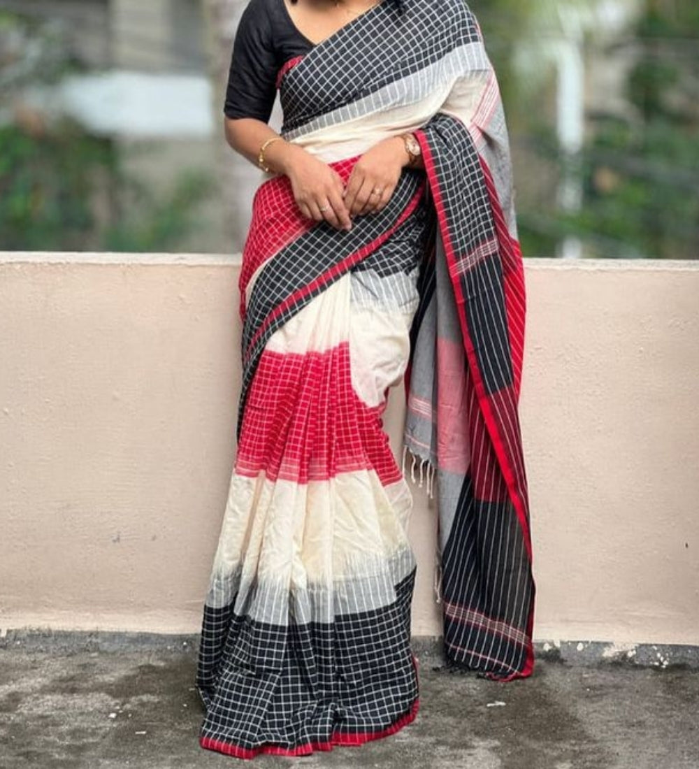 Generic Women's Linen Checkered Saree With Unstitched Blouse - 5.5 Mtr (Multicolor)