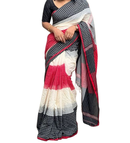 Generic Women's Linen Checkered Saree With Unstitched Blouse - 5.5 Mtr (Multicolor)