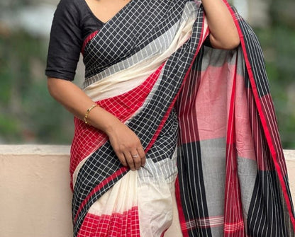 Generic Women's Linen Checkered Saree With Unstitched Blouse - 5.5 Mtr (Multicolor)
