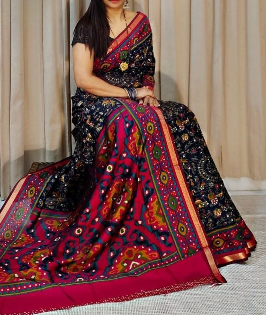 Generic Women's Linen Printed Saree With Unstitched Blouse - 5.5 Mtr (Black-Pink)