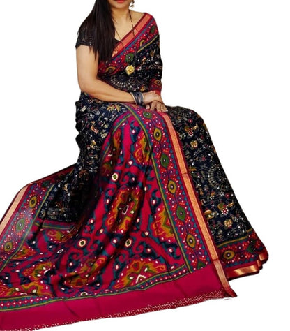 Generic Women's Linen Printed Saree With Unstitched Blouse - 5.5 Mtr (Black-Pink)