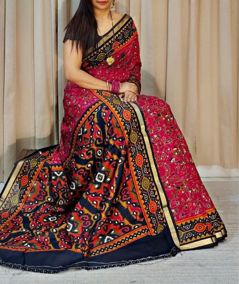Generic Women's Linen Printed Saree With Unstitched Blouse - 5.5 Mtr (Pink-Navy Blue)