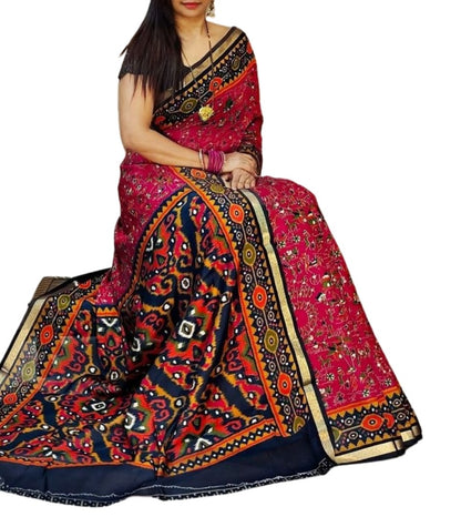 Generic Women's Linen Printed Saree With Unstitched Blouse - 5.5 Mtr (Pink-Navy Blue)