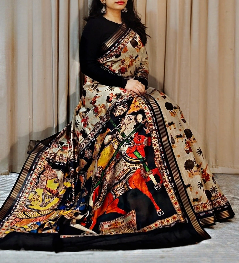 Generic Women's Linen Kalamkari Printed Saree With Unstitched Blouse - 5.5 Mtr (Multicolor)