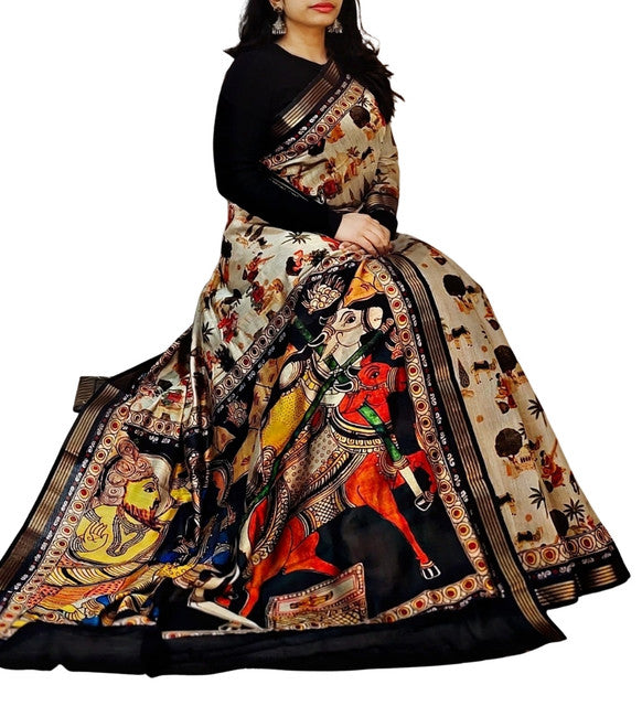 Generic Women's Linen Kalamkari Printed Saree With Unstitched Blouse - 5.5 Mtr (Multicolor)