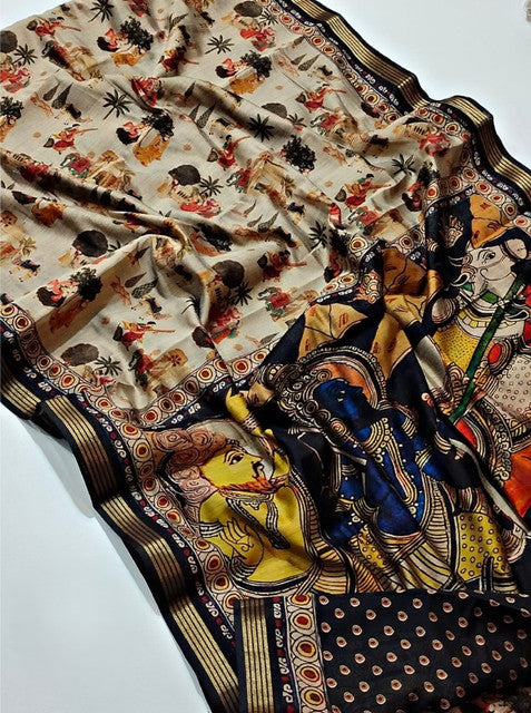 Generic Women's Linen Kalamkari Printed Saree With Unstitched Blouse - 5.5 Mtr (Multicolor)