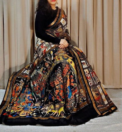 Generic Women's Linen Kalamkari Printed Saree With Unstitched Blouse - 5.5 Mtr (Multicolor)