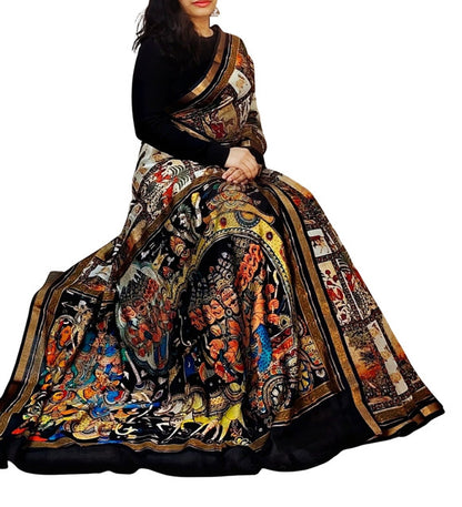 Generic Women's Linen Kalamkari Printed Saree With Unstitched Blouse - 5.5 Mtr (Multicolor)