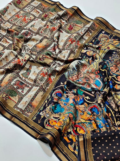 Generic Women's Linen Kalamkari Printed Saree With Unstitched Blouse - 5.5 Mtr (Multicolor)