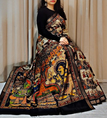 Generic Women's Linen Kalamkari Printed Saree With Unstitched Blouse - 5.5 Mtr (Multicolor)