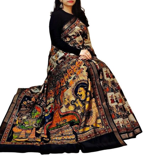 Generic Women's Linen Kalamkari Printed Saree With Unstitched Blouse - 5.5 Mtr (Multicolor)