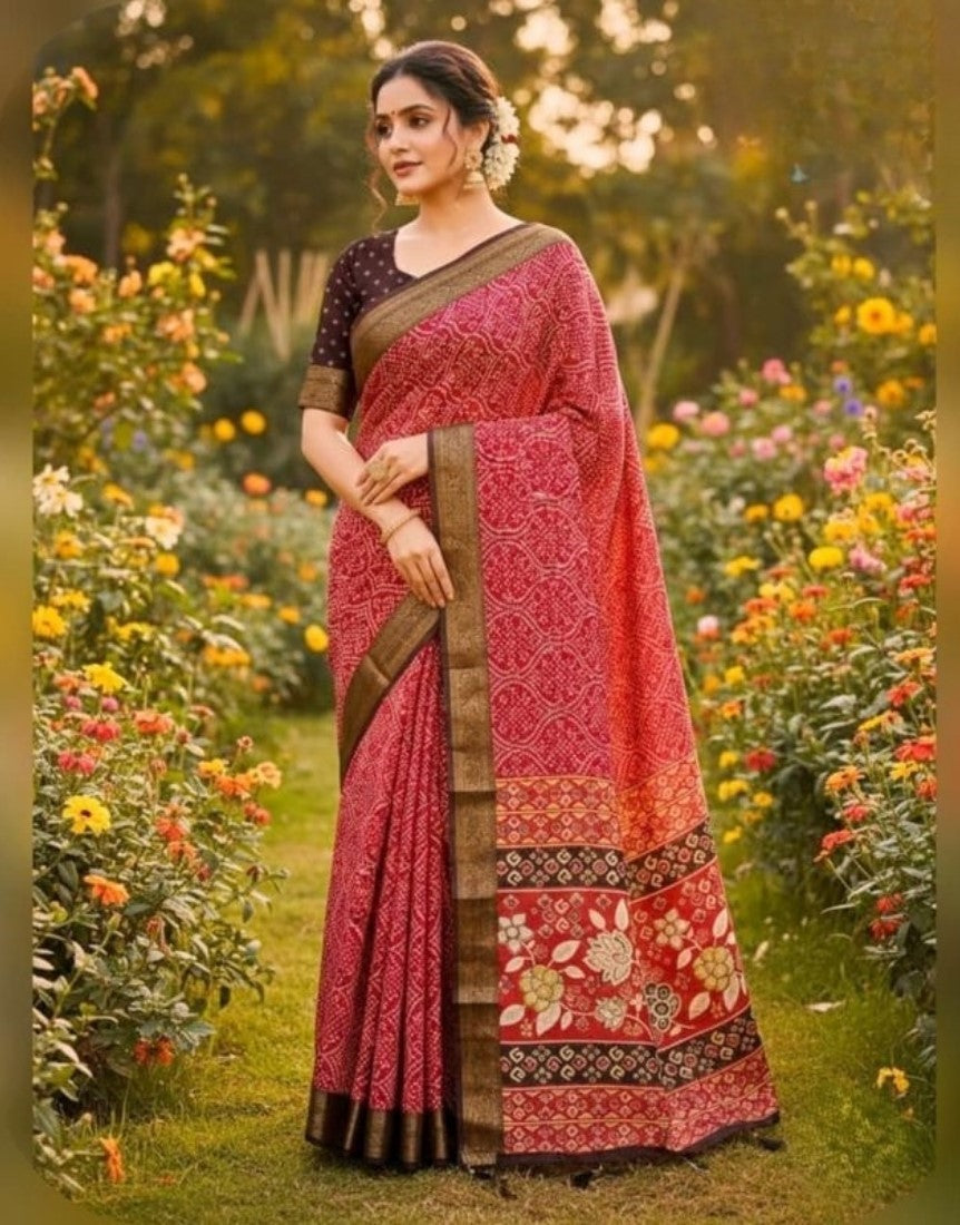 Generic Women's Linen Floral Printed Saree With Unstitched Blouse - 5.5 Mtr (Red)