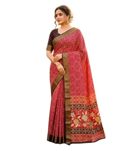 Generic Women's Linen Floral Printed Saree With Unstitched Blouse - 5.5 Mtr (Red)