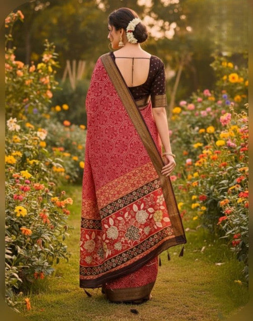 Generic Women's Linen Floral Printed Saree With Unstitched Blouse - 5.5 Mtr (Red)