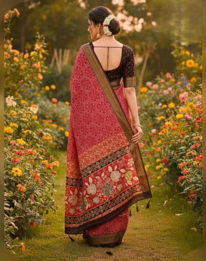 Generic Women's Linen Floral Printed Saree With Unstitched Blouse - 5.5 Mtr (Red)
