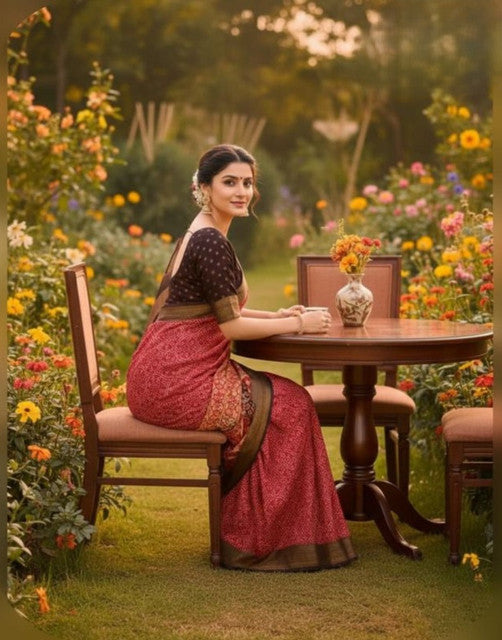 Generic Women's Linen Floral Printed Saree With Unstitched Blouse - 5.5 Mtr (Red)