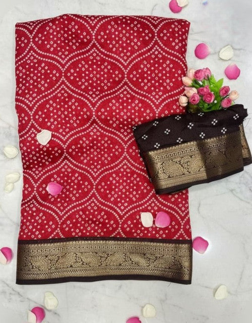 Generic Women's Linen Floral Printed Saree With Unstitched Blouse - 5.5 Mtr (Red)