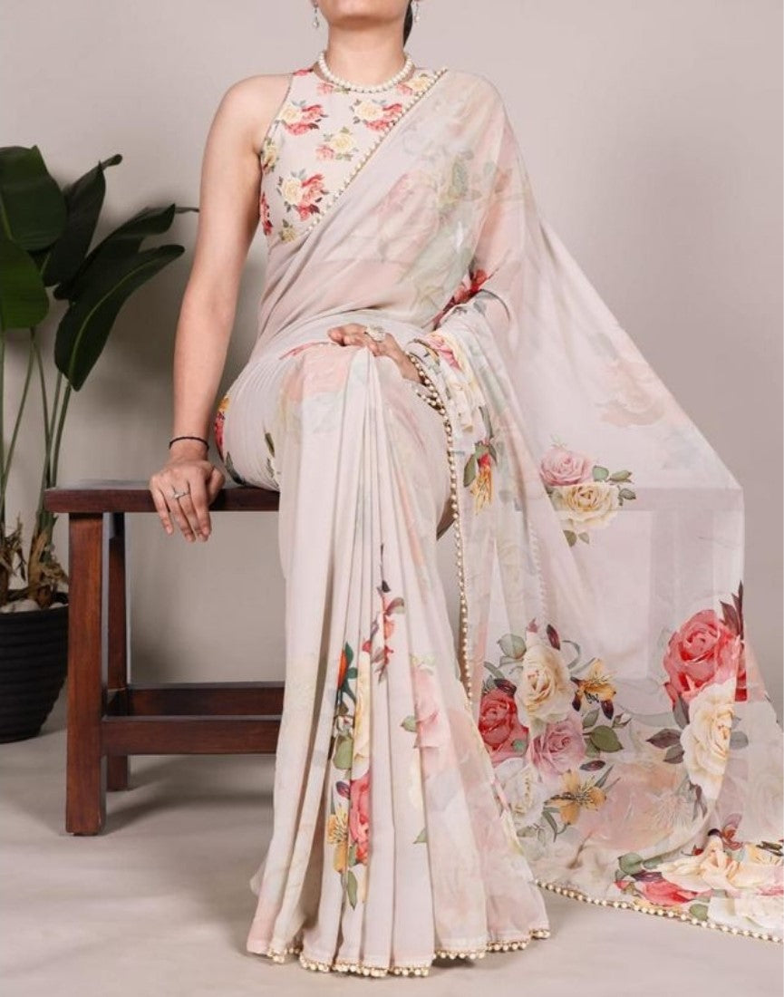 Generic Women's Georgette Floral Printed Saree With Unstitched Blouse - 5.5 Mtr (Beige)