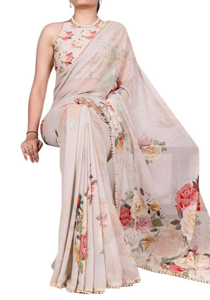 Generic Women's Georgette Floral Printed Saree With Unstitched Blouse - 5.5 Mtr (Beige)