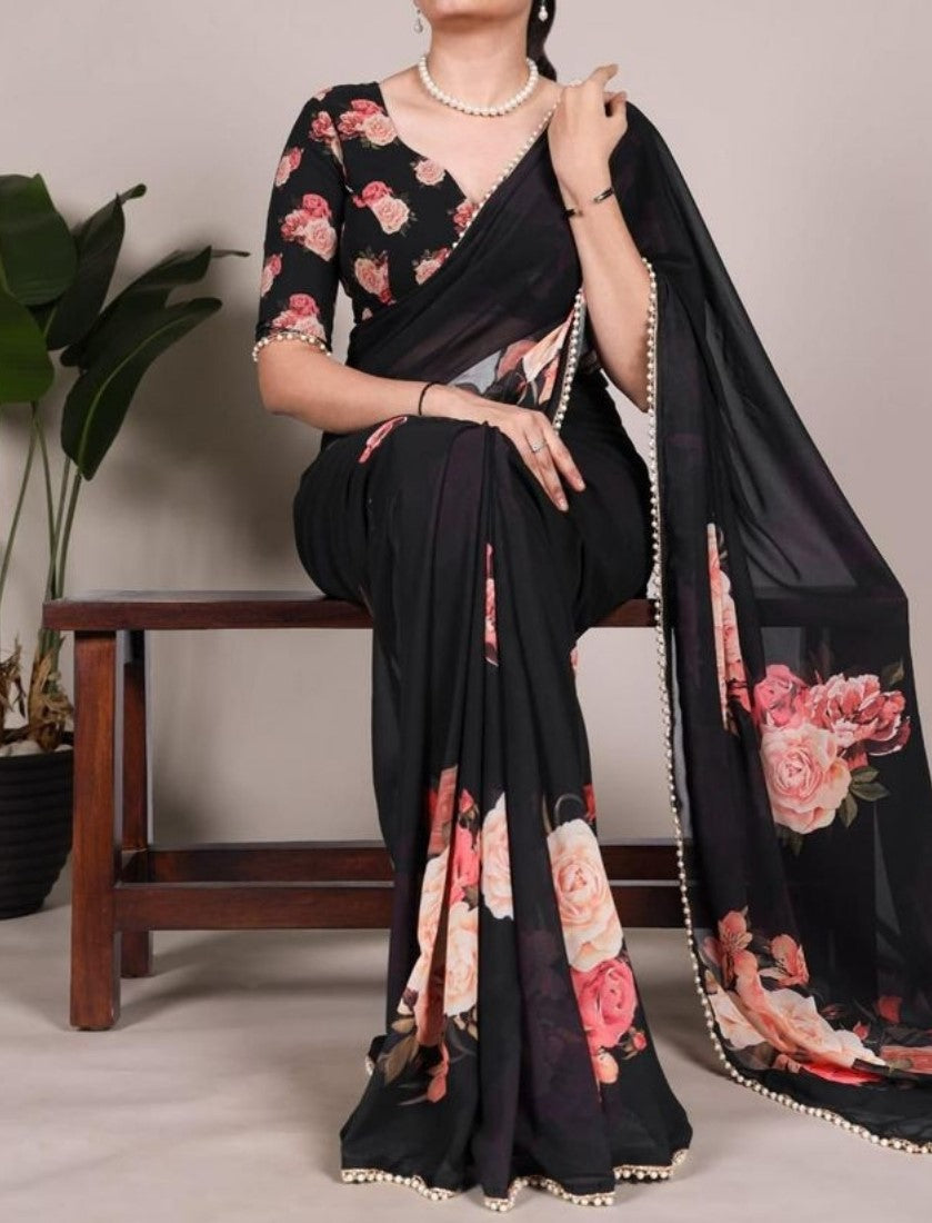 Generic Women's Georgette Floral Printed Saree With Unstitched Blouse - 5.5 Mtr (Black)