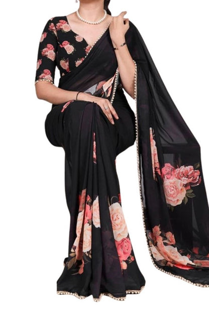 Generic Women's Georgette Floral Printed Saree With Unstitched Blouse - 5.5 Mtr (Black)