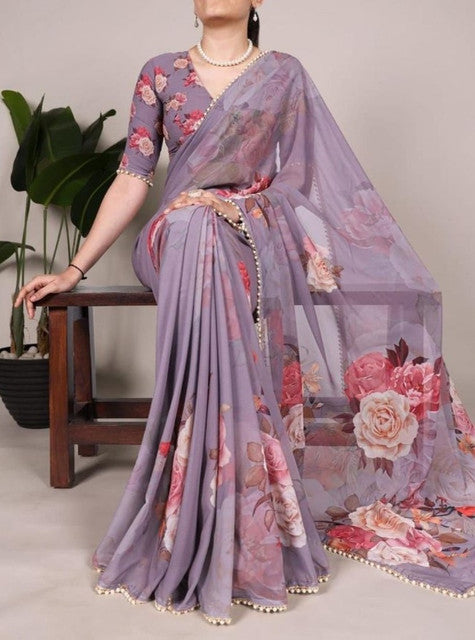 Generic Women's Georgette Floral Printed Saree With Unstitched Blouse - 5.5 Mtr (Lavender)