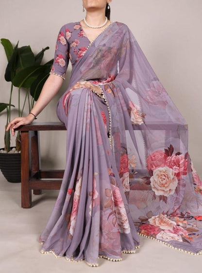 Generic Women's Georgette Floral Printed Saree With Unstitched Blouse - 5.5 Mtr (Lavender)