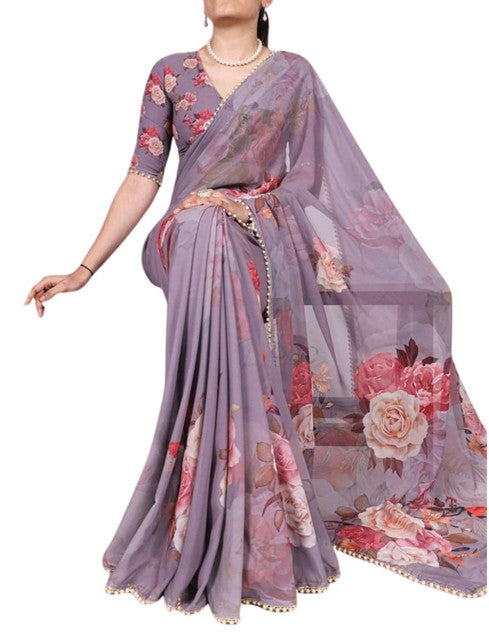 Generic Women's Georgette Floral Printed Saree With Unstitched Blouse - 5.5 Mtr (Lavender)