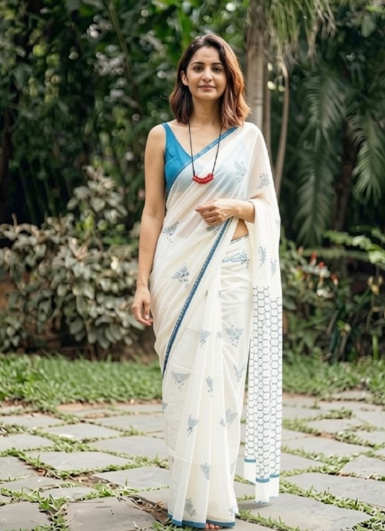 Generic Women's Linen Printed Saree With Unstitched Blouse - 5.5 Mtr (White-Blue)