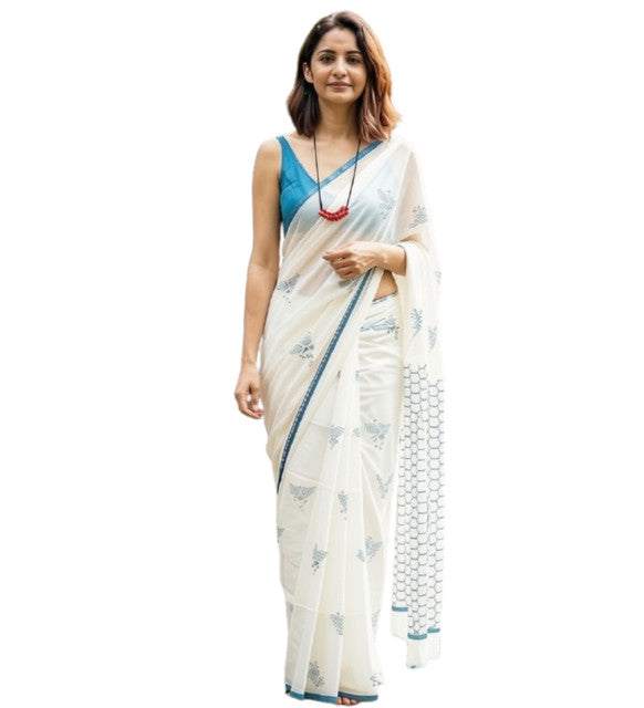 Generic Women's Linen Printed Saree With Unstitched Blouse - 5.5 Mtr (White-Blue)