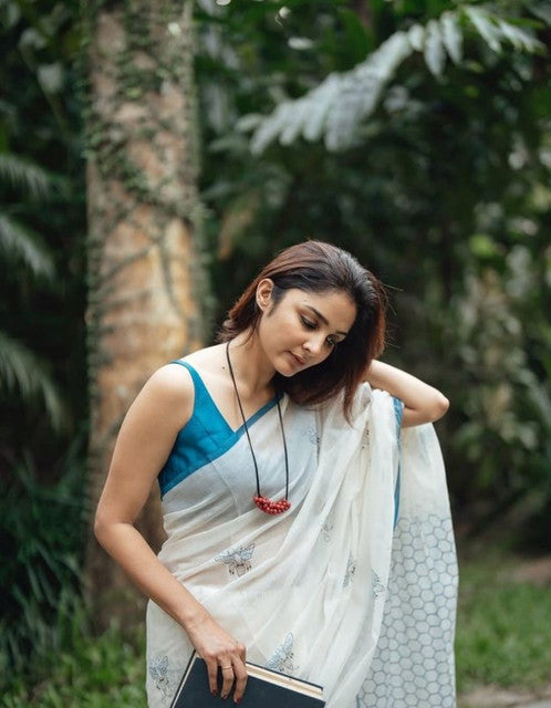 Generic Women's Linen Printed Saree With Unstitched Blouse - 5.5 Mtr (White-Blue)