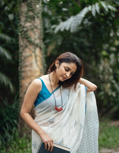 Generic Women's Linen Printed Saree With Unstitched Blouse - 5.5 Mtr (White-Blue)